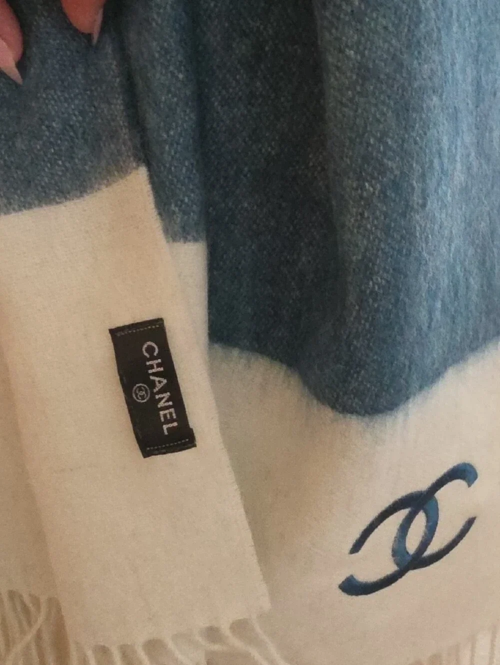 CHANEL Blue and Cream Embroidered CC Logo Scarf